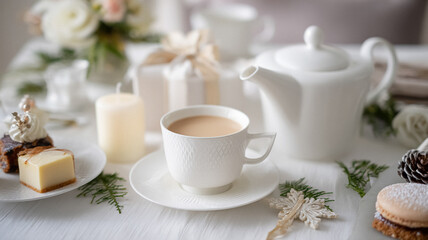 Cozy winter tea setting inviting relaxation, enjoying hot beverage and sweet treats during a festive gathering