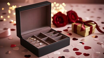 Luxury Jewelry Gift &ndash; Elegant Gold and Diamond Rings in Romantic Box with Roses and Festive Ambiance