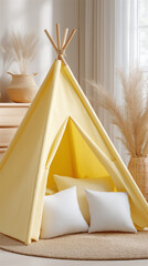 Cozy teepee tent with pillows in bright playroom, childhood imagination and home interior concept, minimalist family lifestyle scene with copy space.