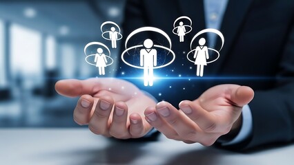 Fototapeta premium Businessman presenting glowing network icons with cupped hands in modern office