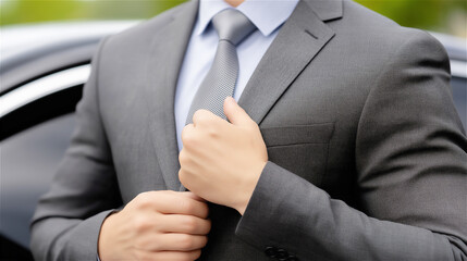 Close-up of a business professional adjusting tie beside a car, corporate commute and confidence concept, modern urban lifestyle image with copy space.