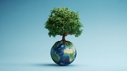 Earth and Nature Connection &ndash; Tree Growing from Globe Symbolizing Sustainability, Conservation, and Environmental Harmony