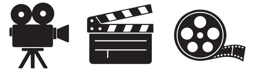 Solid icon film and cinema set featuring a vintage film camera, clapperboard, and film reel for film production