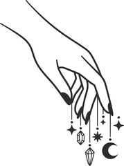 Minimalist Mystical Hand with Moon and Stars Line Art Illustration.