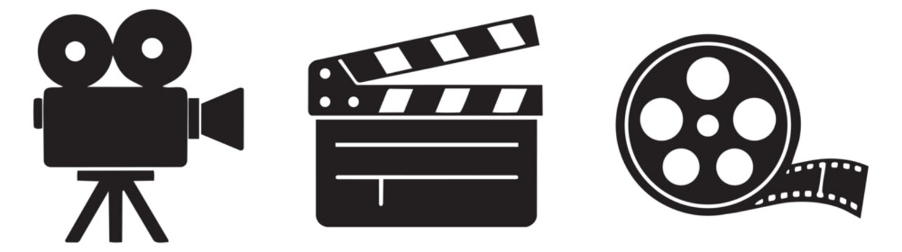 Solid icon film and cinema set featuring a vintage film camera, clapperboard, and film reel for film production