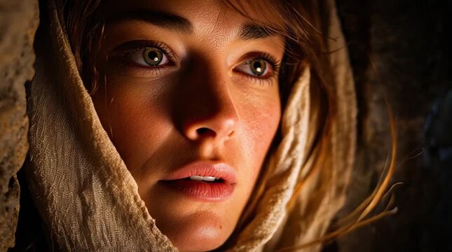 Mary Magdalene near the empty tomb, face visible with emotional relief and awe