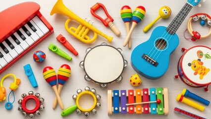 Collection of colorful toy musical instruments for kids