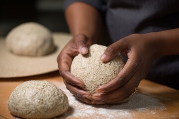 Obraz premium African American person shaping dough on wooden table