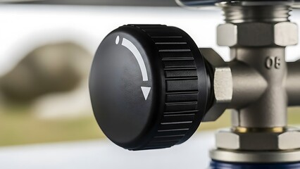 Close-up of a valve with an arrow indicating direction, suggesting control and adjustment. The details of the valve show precision engineering.