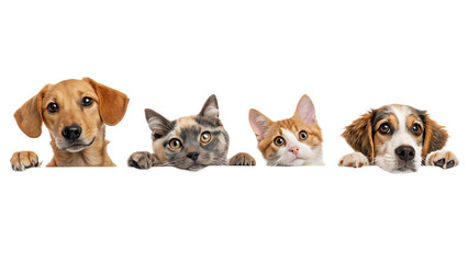 Dogs and cats peeking over web banner extracted on PNG. AI GENERATED.