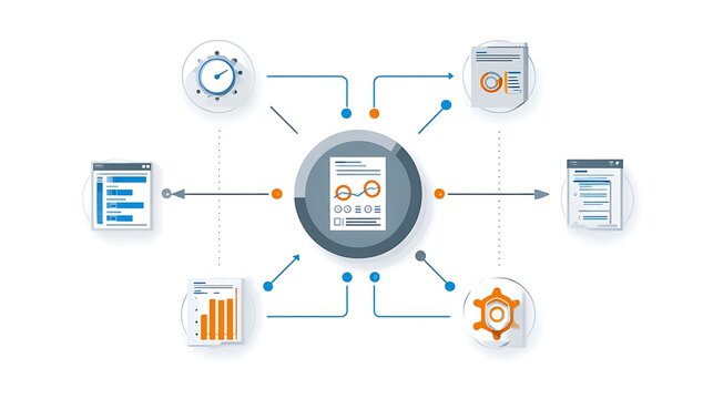 A stylized diagram depicting data analysis, interconnected elements around a central document - Powered by Adobe