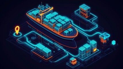 High-tech isometric design for futuristic logistics supply chain network visualization