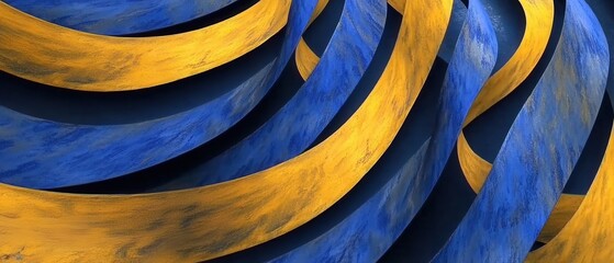 Flowing diagonal ribbons creating a bold pattern in yellow and blue colors across a dark background during daylight