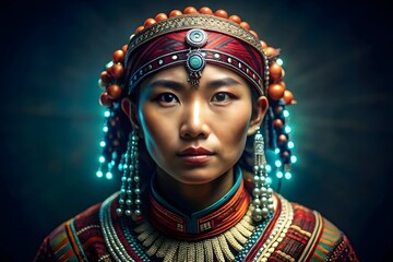Studio portrait of a woman wearing traditional ethnic clothing and jewelry, detailed cultural attire with rich textures, colors and expressive modern lighting