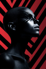 Female Side Profile with Matte Black Skin and Cinematic Zebra Stripe Background