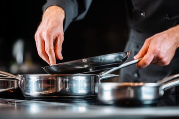 Chef preparing food with pans on stove in kitchen