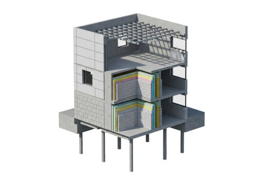 Detailed isometric cross-section of a small commercial building showing the rc frame, pile foundation, facade panels, and thermal insulation layers, against a transparent background. concept of modern