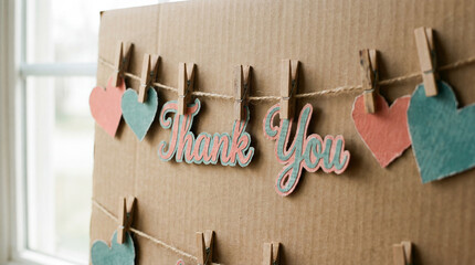 Handmade rustic thank you banner with paper hearts and wooden clothespins, diy craft gratitude concept, appreciation, greeting card, recycled cardboard background, hanging decoration, scrapbooking.