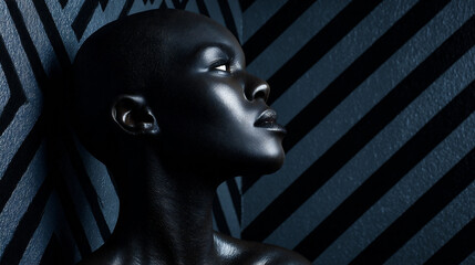 Female Side Profile with Matte Black Skin and Cinematic Zebra Stripe Background