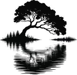 Large Tree Reflection on Water Silhouette