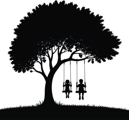Children Swinging Under Large Tree