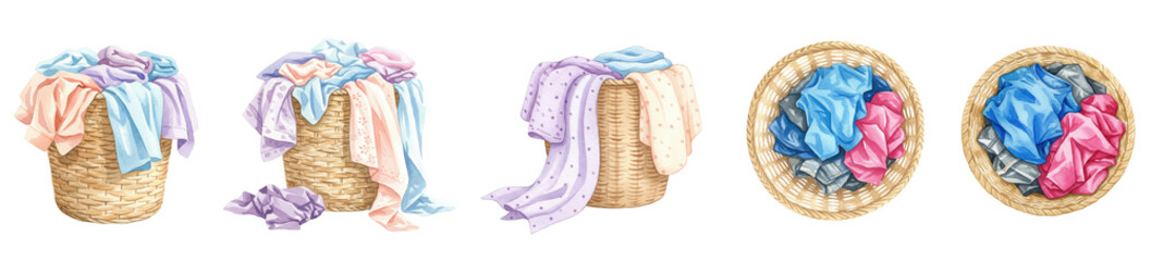 Watercolor Laundry Baskets With Clothes Transparent Background  
