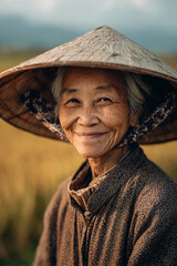 Portrait of Elderly Asian Rice Farmer with Conical Hat in Golden Hour, Authentic Smile