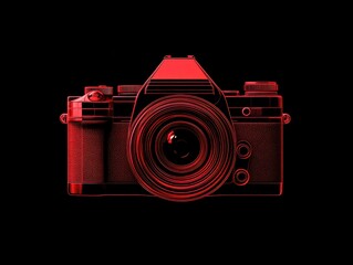 Neon red camera silhouette with glowing lens on dark background