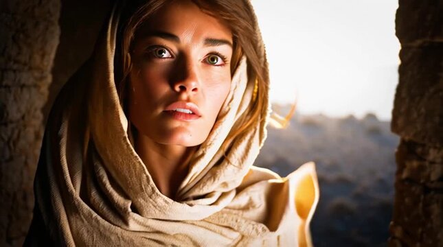 Mary Magdalene near the empty tomb, face visible with emotional relief and awe