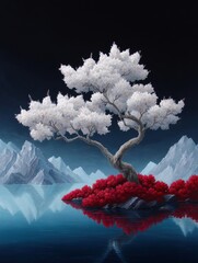 Surreal landscape with twisted bonsai ethereal mountains and reflective lake