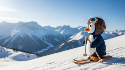 Knitted penguin toy wearing pilot helmet and ski gear on snowy mountain slope. Holiday decor and Christmas gift idea for kid. Festive animation concept.