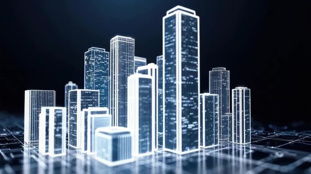 Bright buildings appear in a digital city, showcasing a modern layout with many structures and a grid pattern on the ground