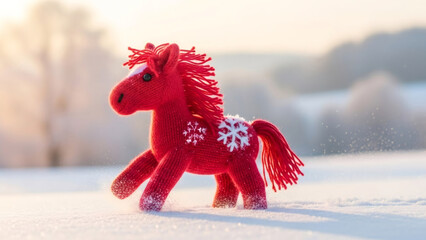 Red knitted plush horse toy with snowflakes on snowy winter background. Christmas gift idea for kid. Festive animation concept.