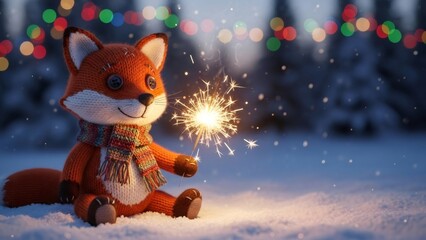 Knitted fox doll in a scarf holding a sparkler in the snow. Magical winter holiday animation and festive decor for Christmas card.