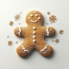 Gingerbread man cookie with white icing and festive snowflake decorations isolated on light background