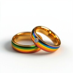 LGBTQ wedding rings, two intertwined golden bands with rainbow engravings