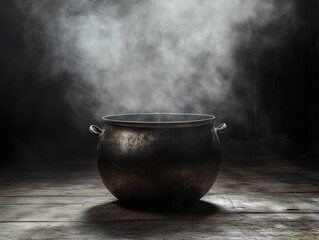 Atmospheric Fantasy Cauldron with Luminous Steam and Smoke