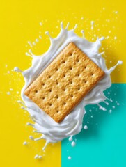 Delicious graham cracker splashing in vanilla icing bright background food photography fun concept