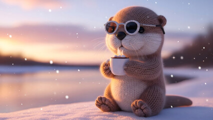 Knitted plush otter wearing sunglasses and drinking hot cocoa in falling snow. Christmas gift idea for kid. Festive animation concept.