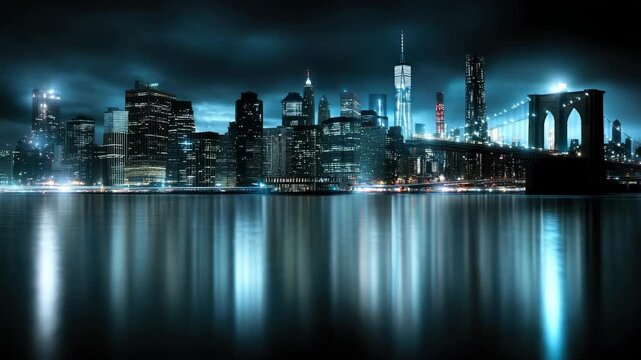 City skyline is bright at night with lights reflecting in the water while buildings stand tall along the riverfront