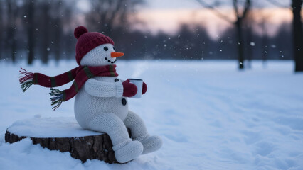 Knitted snowman character in a red hat and scarf sitting on a tree stump in snowy winter landscape. Holiday decor, Christmas gift idea for kid. Festive animation concept.