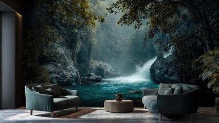 Luxury living room interior featuring a dramatic jungle waterfall photowall mural, dark velvet armchairs, and contemporary wood and concrete elements.