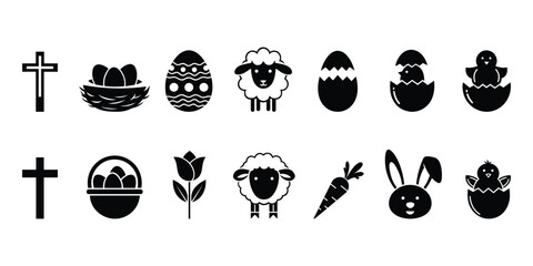 Easter Icon Set Vector Silhouette Eggs Bunny Chick Cross Symbols