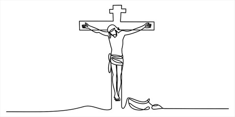A continuous line drawing depicting jesus christ crucified on the cross, symbolizing sacrifice and resurrection Vector, illustration