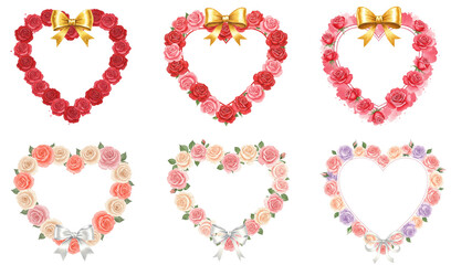 Watercolor heart shaped rose wreaths set, transparent background  
