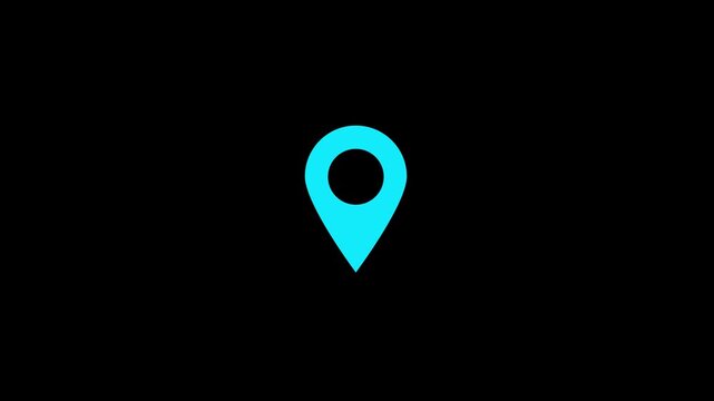 Bright blue location pin icon on a black background