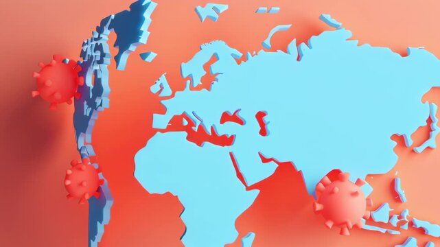 Living with cancer concept showing virus spreading on global world map in blue and red colors