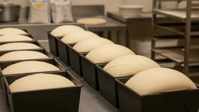 Dough is placed in loaf pans and left to rise in a kitchen setting during daytime hours