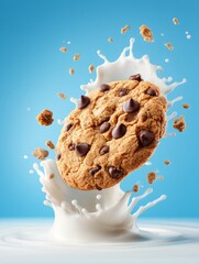 Splashing chocolate chips a fun food photography shot of cookies in milk