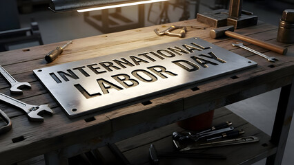 International labor day 1st may celebration with tools and metal sign